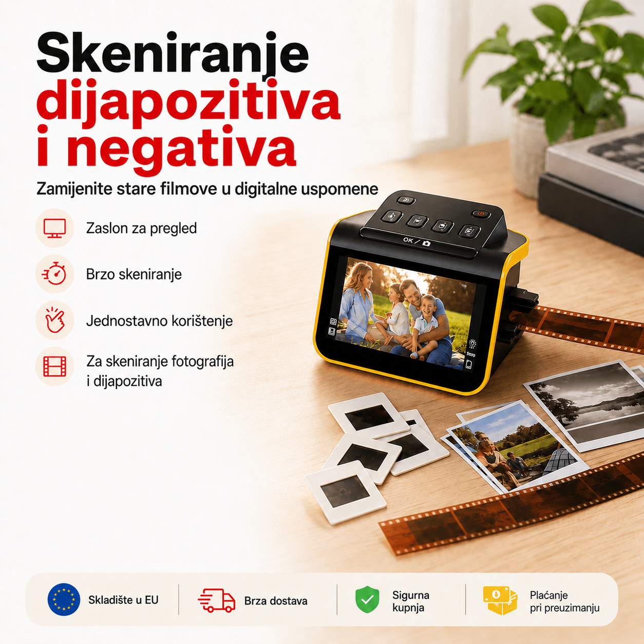 Digitalni skener za filmove visoke rezolucije, podržava skeniranje filmova i dijapozitiva te brzo pretvara 35 mm, 126 i 110 kolor i crno-bijele negative i dijapozitive u digitalne JPEG fotografije od 22 MP.